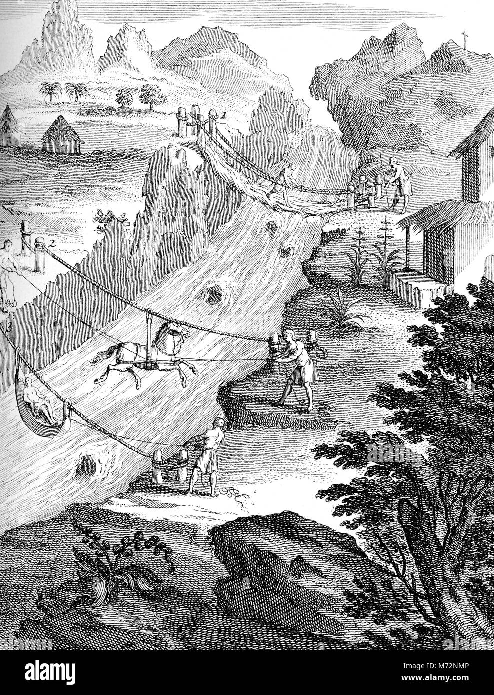 Year 1751 engraving, usual means of transport in South America to cross rivers in Andes region with grass braided cables Stock Photo