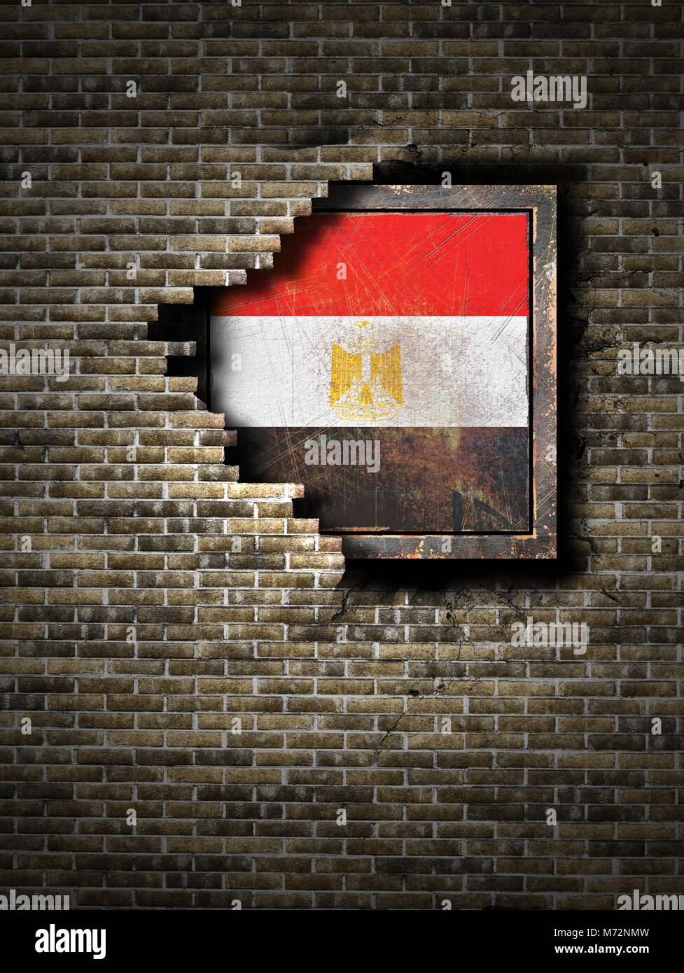 3d rendering of an Egypt flag over a rusty metallic plate embedded on ...