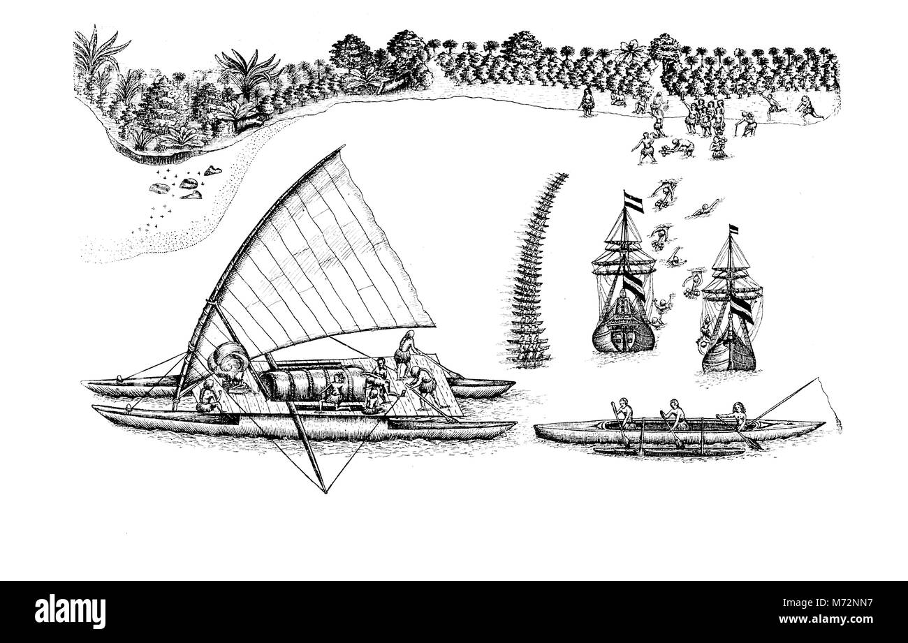 Dutch ships of Abel Tasman meeting Polynesian canoes  off the coast of Tongatapu Island, year 1643 Stock Photo