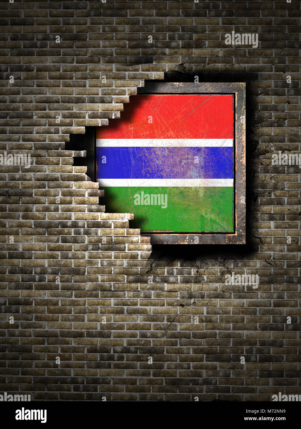 3d rendering of a Gambia flag over a rusty metallic plate embedded on ...