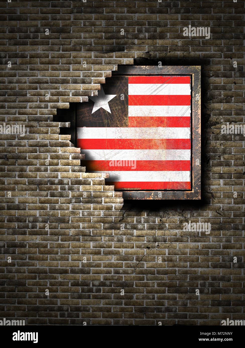 3d rendering of a Liberia flag over a rusty metallic plate embedded on ...