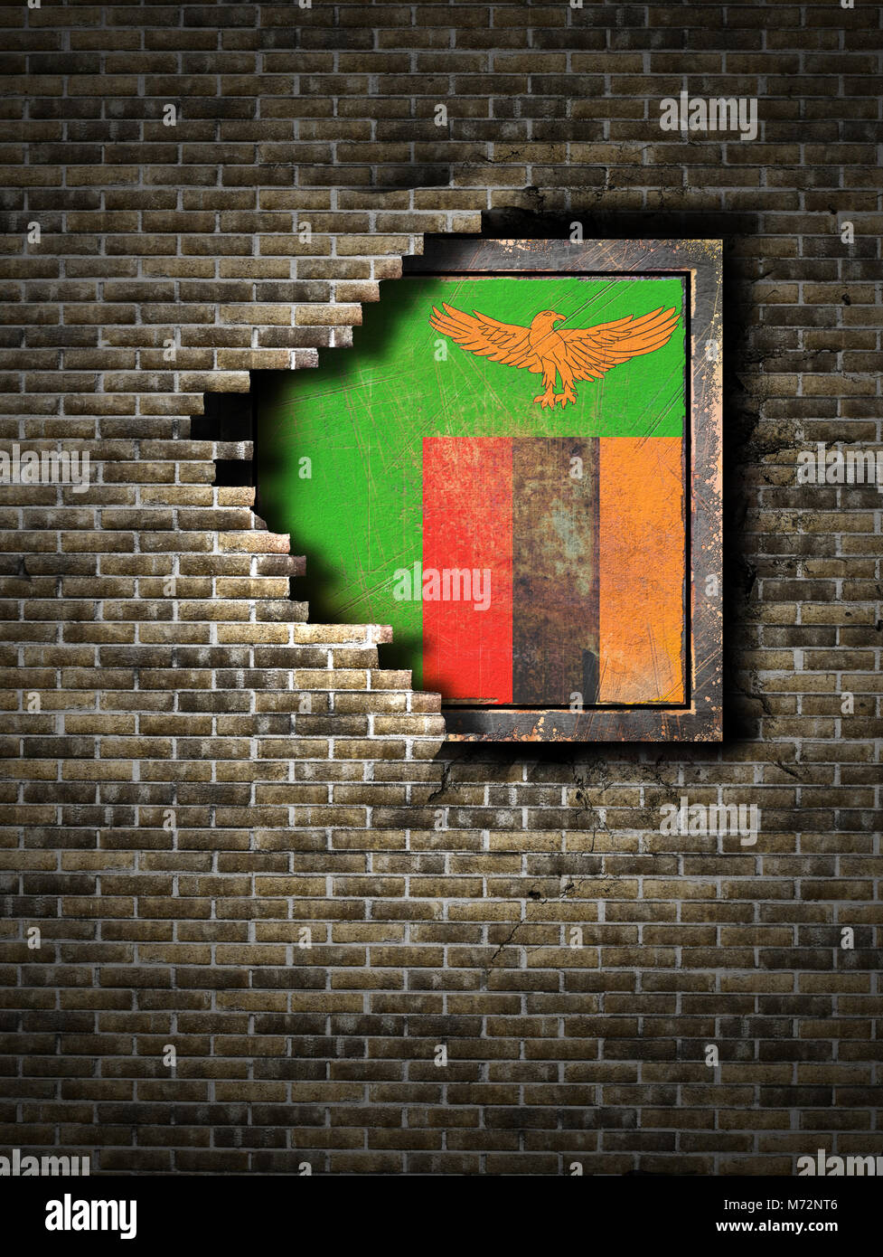 3d rendering of a Republic of Zambia flag over a rusty metallic plate ...