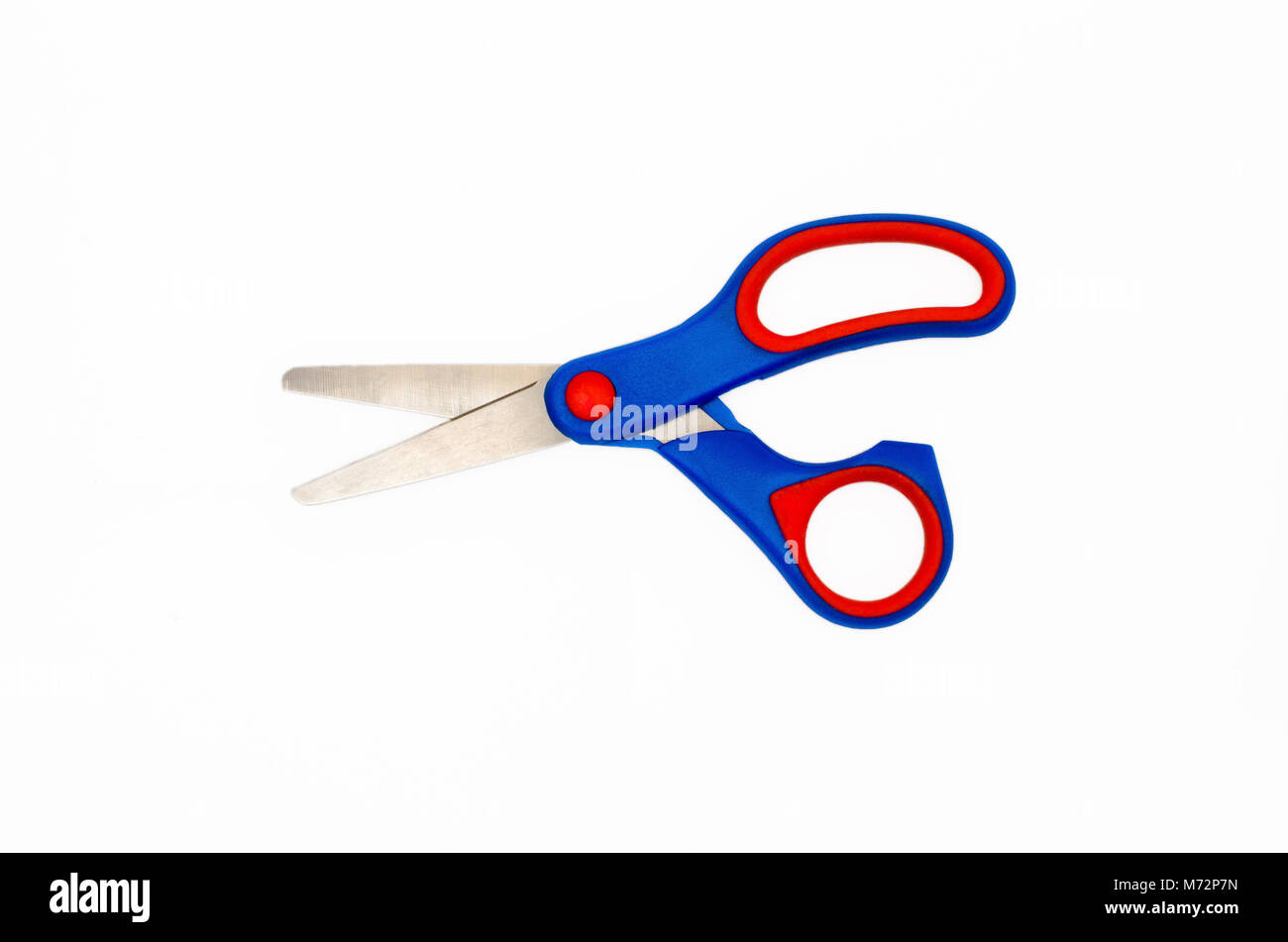 Pair Of Blue Red Handled Kids Scissors Isolated On White Background 