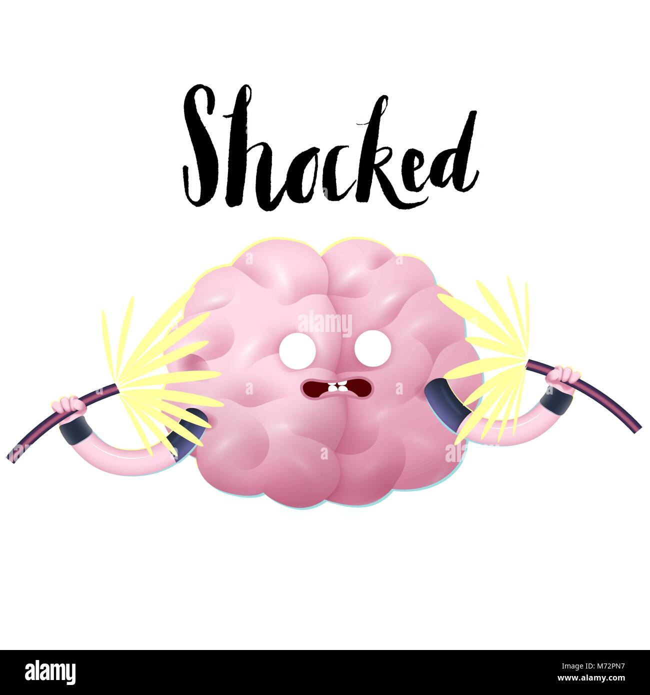 Shocked brain holding two sparking electrical cables cartoon illustration and lettering - train your brain series. Part of the Brain collection. Stock Vector