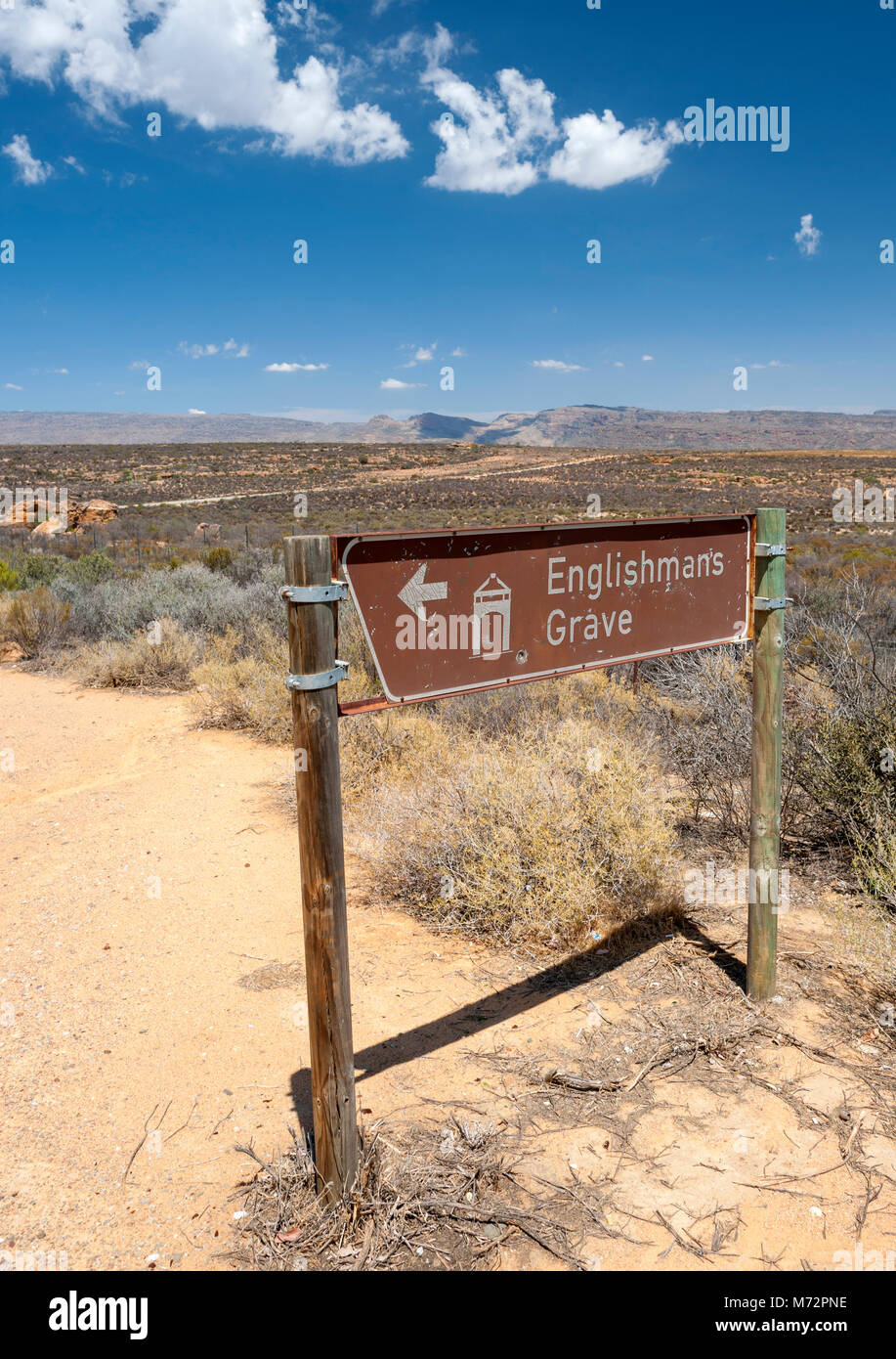 Sign for the Englishman’s Grave on the R364 road in the Cederberg region of the Western Cape Province in South Africa. Stock Photo