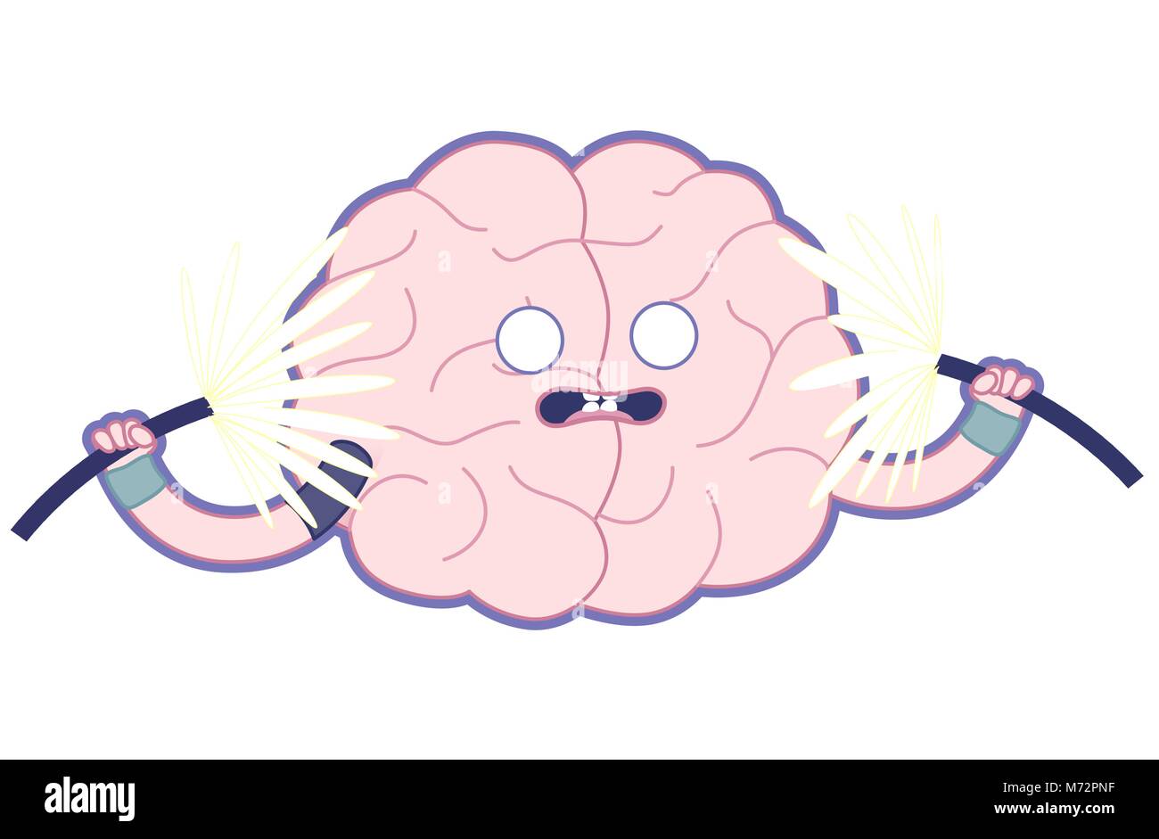 Shocked brain holding two sparking electrical cables flat cartoon illustration - train your brain series. Part of the Brain collection. Stock Vector