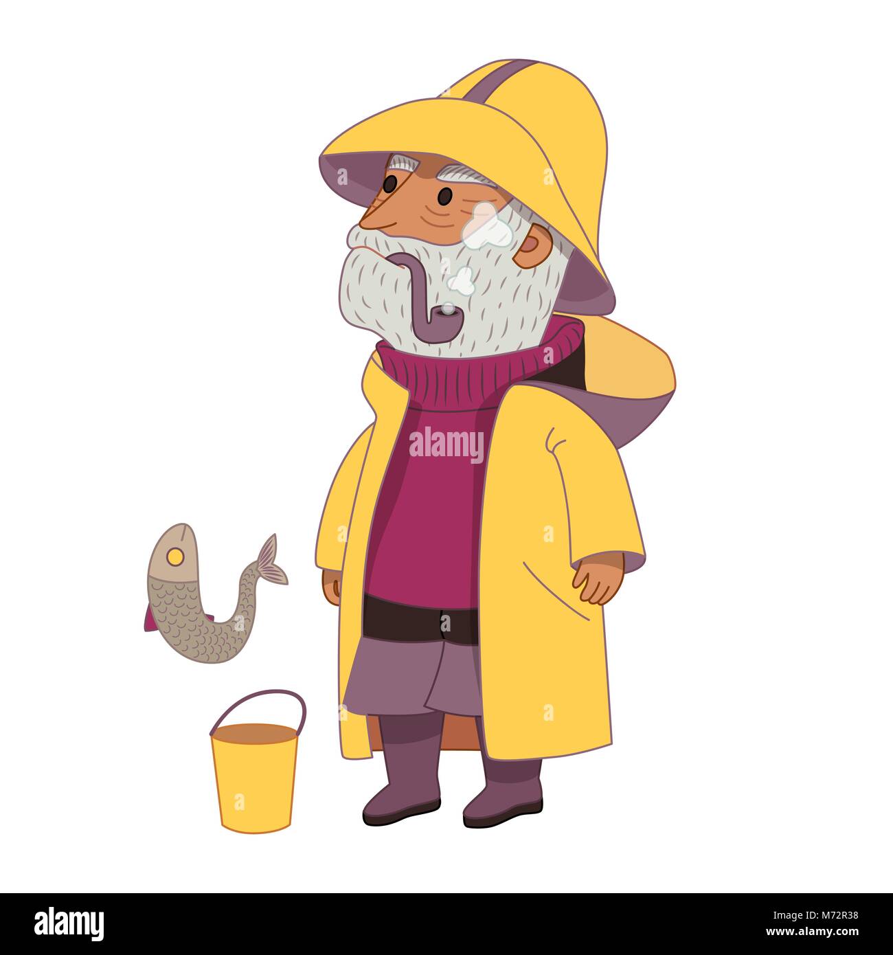 Fisherman, flat cartoon vector illustration, an elderly greyhaired man