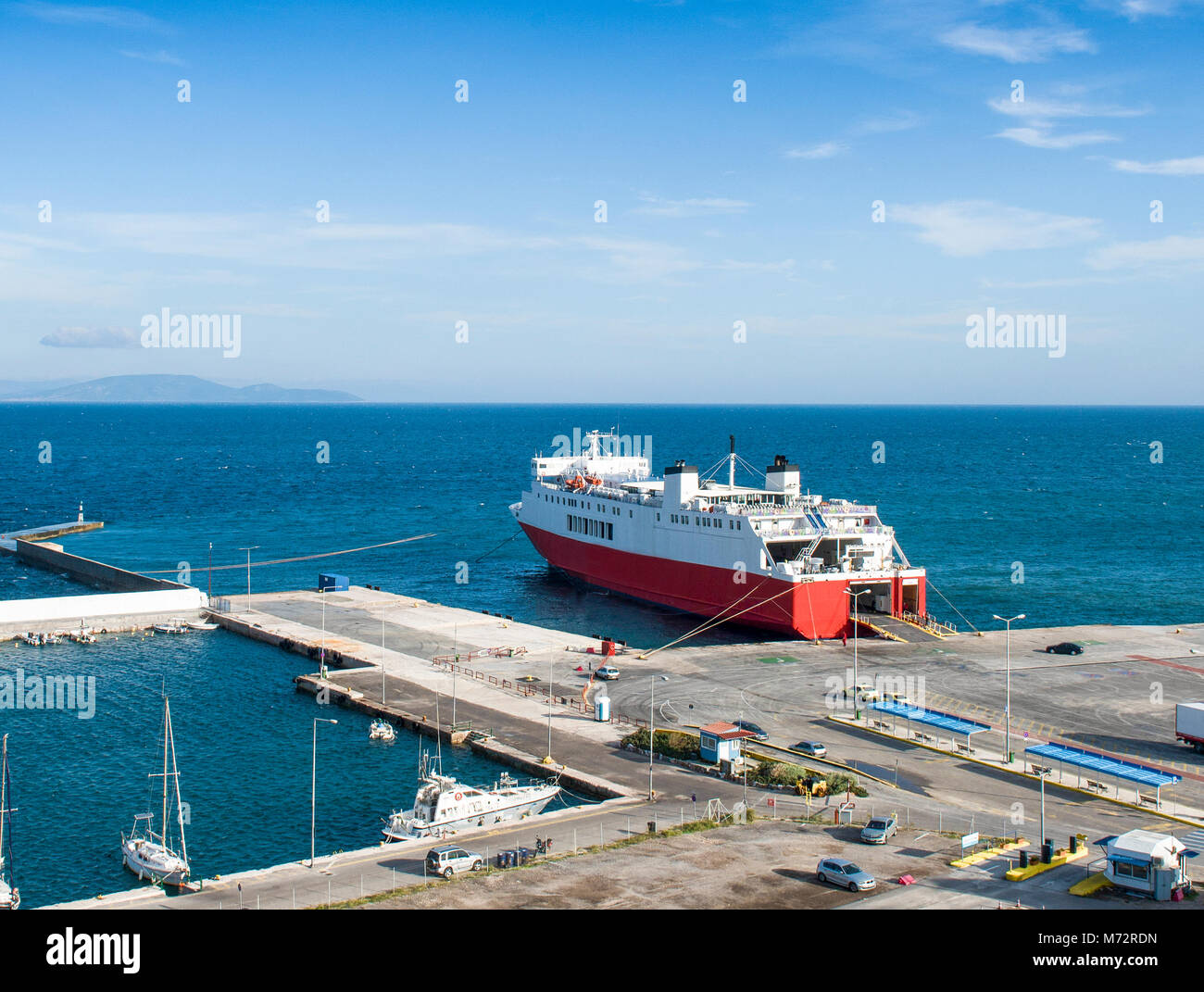 View cargo port and car ferry in Rafina from a hill. Attiki, Greece