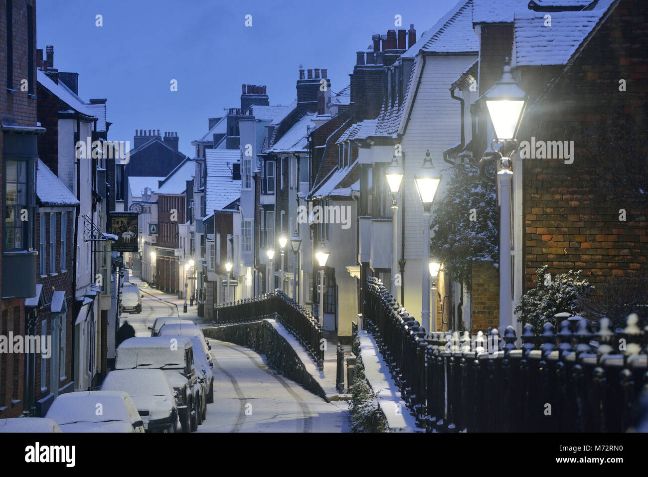 Snow scene, High Street, Hastings old town, East Sussex, England, UK
