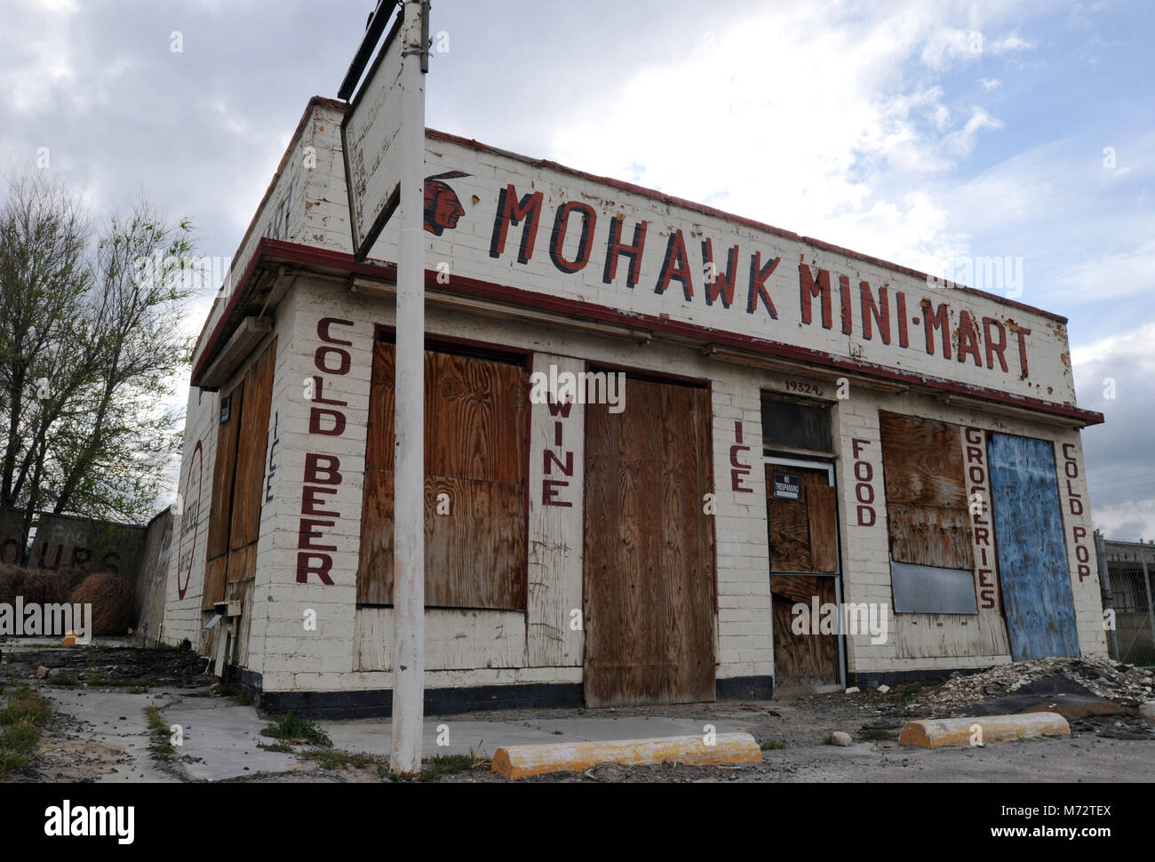 The boardedup Mohawk MiniMart store and gas station sits along old