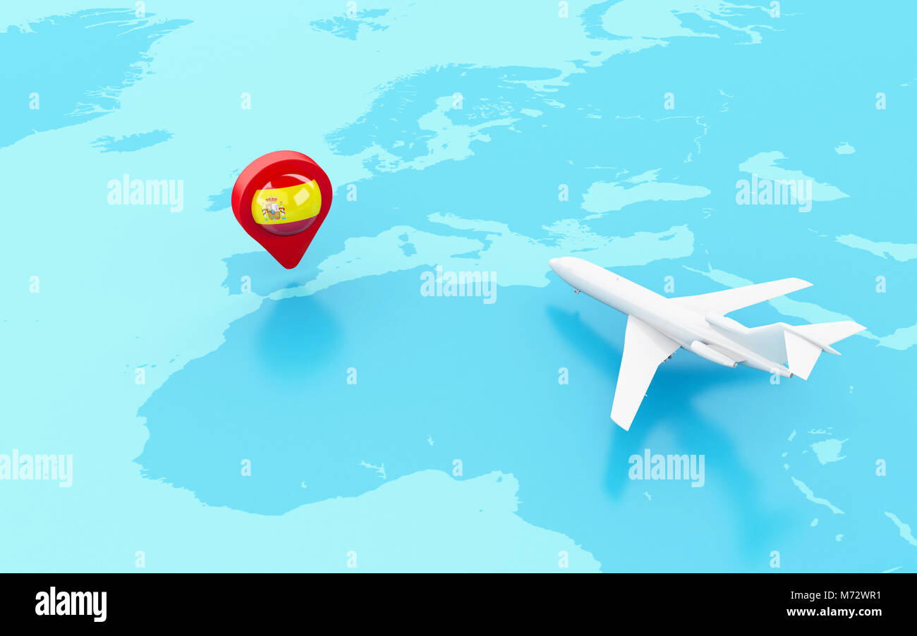 3D Illustration. Airplane flying around globe and map pointer with flag icon of Spain. Travel concept. Stock Photo