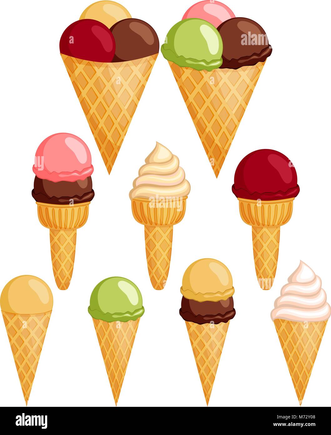 Colorful ice cream cone 9 elements set. Summer comfort fast food vector ...