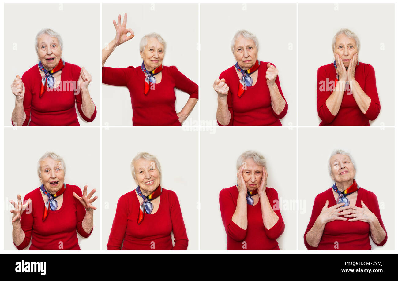 The collage from different emotions of senior woman Stock Photo - Alamy
