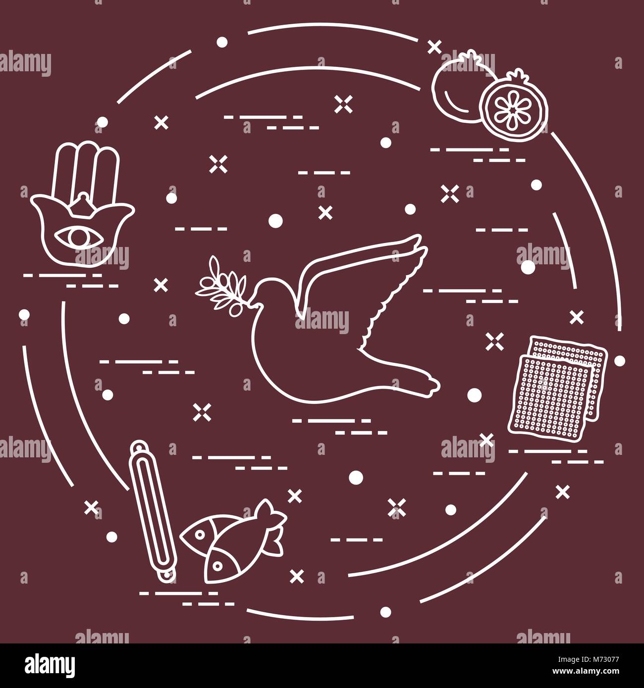 Jewish symbols dove, olive branch, pomegranate, matzah, fish, hamsa
