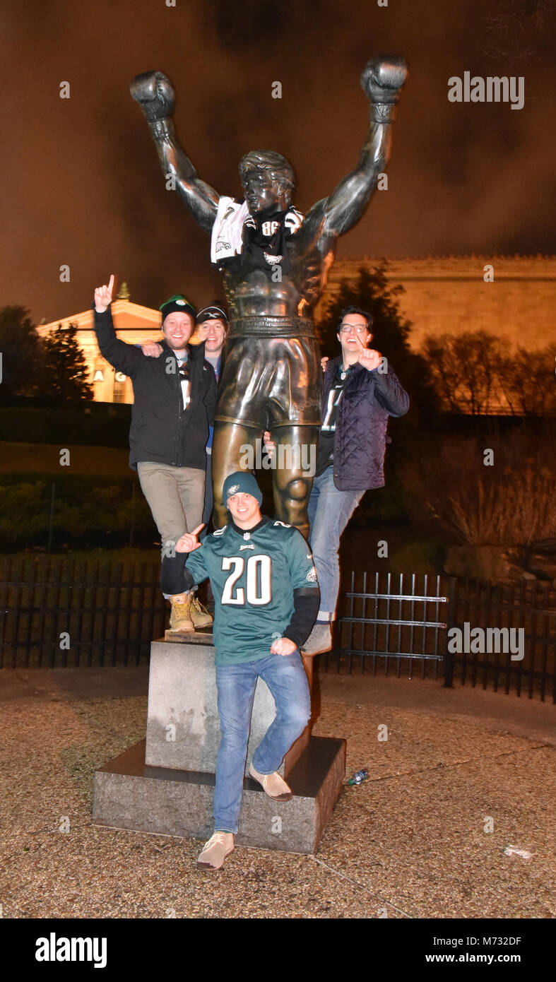 Philadelphia Eagles fans take to the streets of Philadelphia, Pennsylvania,  in celebration after the Eagles defeated the New England Patriots 41-33 in  Super Bowl LII. Featuring: Rocky Statue Where: Philadelphia, Pennsylvania,  United
