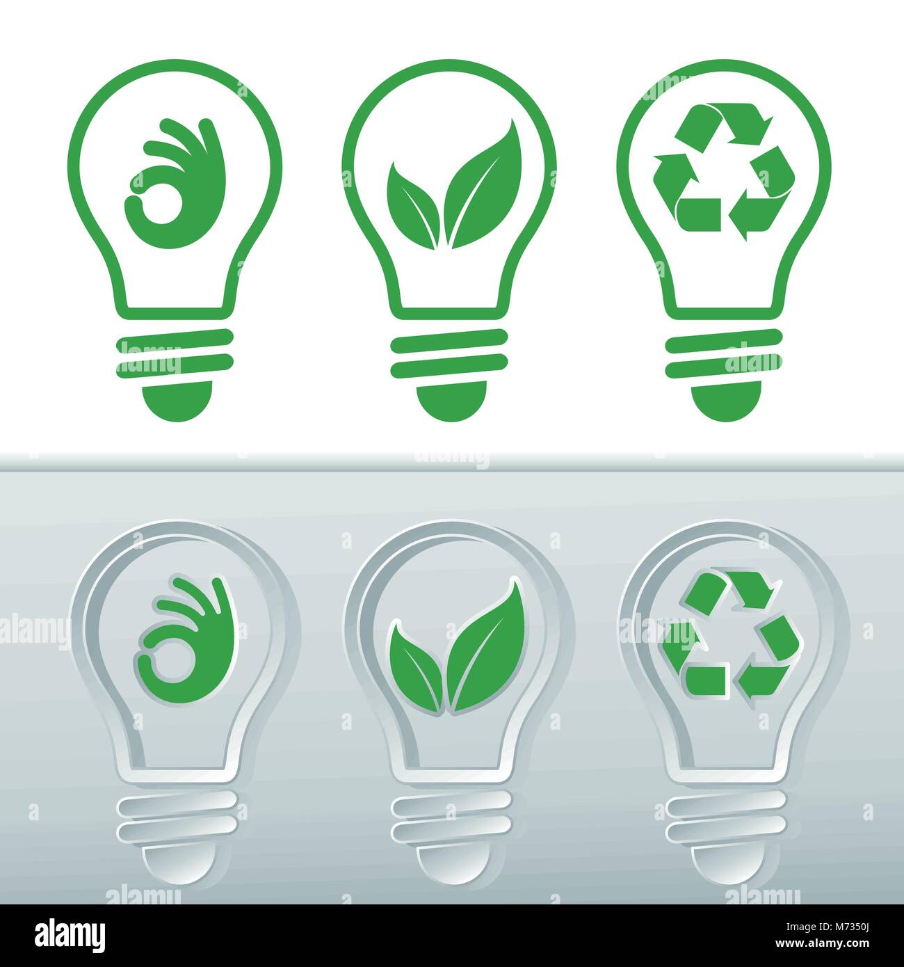 Vectorized icon sets for renewable energies. Light bulbs with icons of clean energies, bulb with leaf, bulb with recycling symbol and bulb with hand s Stock Vector