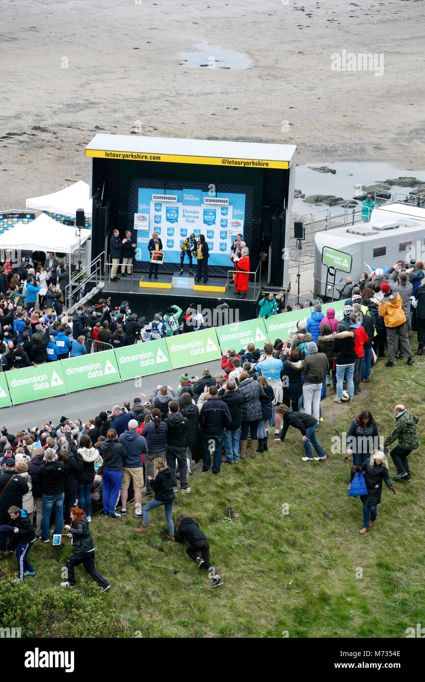 Tour de Yorkshire 2016  Thomas Voeckler on the podium after winning stage 3 of the tour de yorkshire Stock Photo