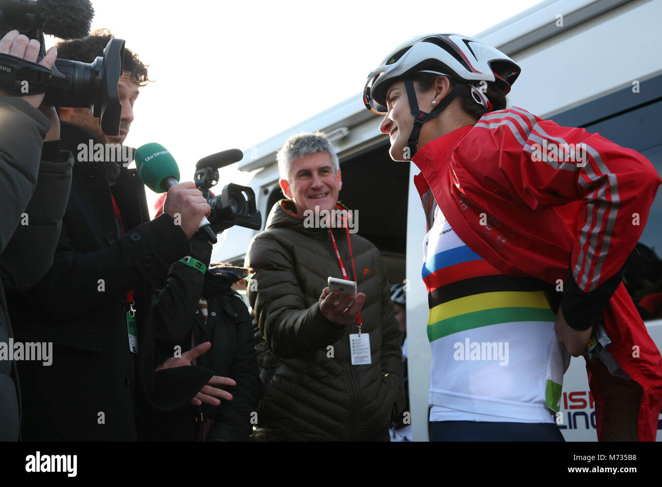 Tour de Yorkshire 2016 World road cycling champion Lizzie Armistead interviewed by the media prior to the Womens race at the 2016 tour de Yorkshire Stock Photo