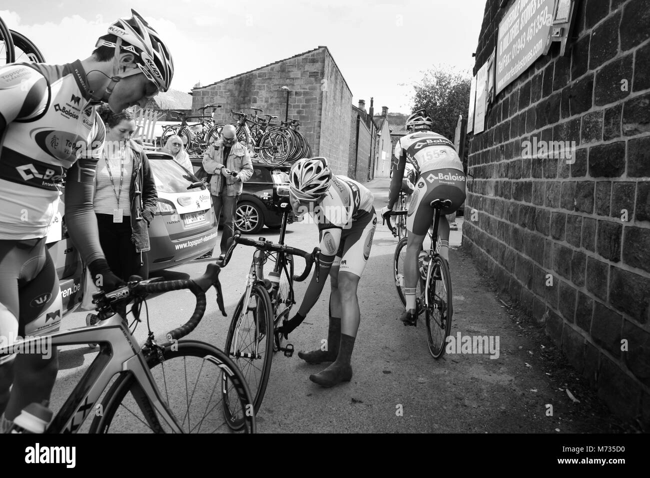 Tour de Yorkshire 2016 Riders from team Topsport Vlaanderen Baloise  prepare for stage 2 of the tour de yorkshire, Otley. Stock Photo