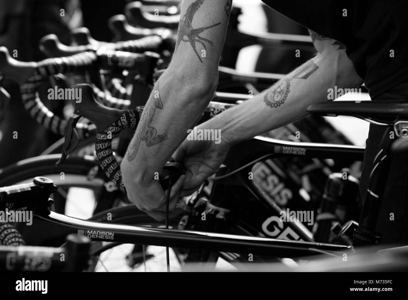 Tour de Yorkshire 2016 A member of the Madison genisis team set up the bikes for a warm up prior to the start of stage 2 from Otley to Doncaster. Stock Photo