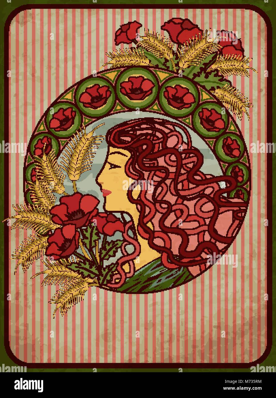 Summer Girl Floral Banner In Art Nouveau Style Vector