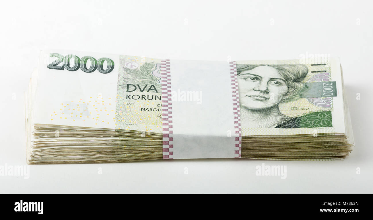 czech banknotes nominal value two and five thousand crowns. approximately 12 450 US dollars (USD) or 11 100 Euro (EUR) Stock Photo