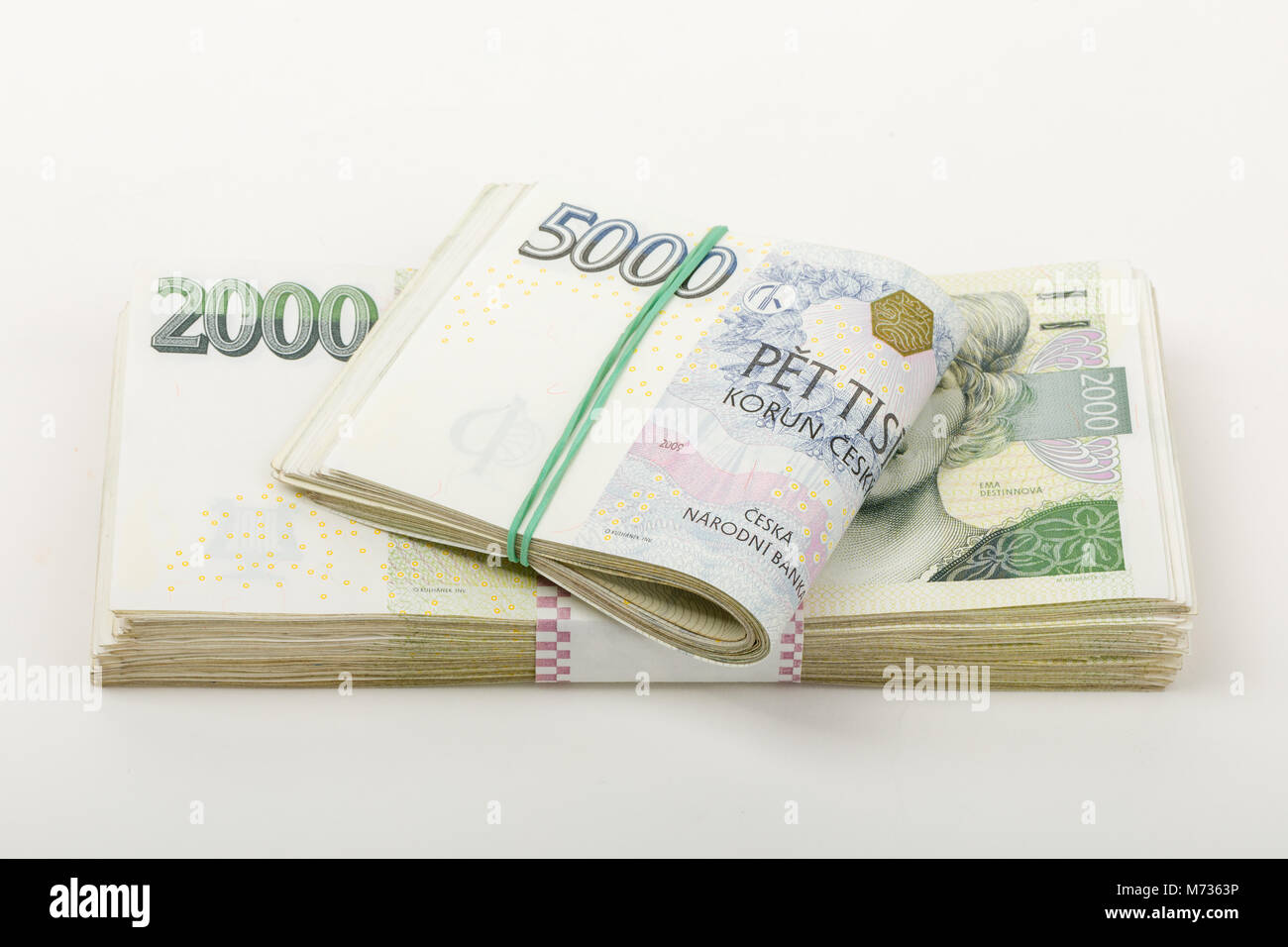 czech banknotes nominal value two and five thousand crowns. approximately 12 450 US dollars (USD) or 11 100 Euro (EUR) Stock Photo