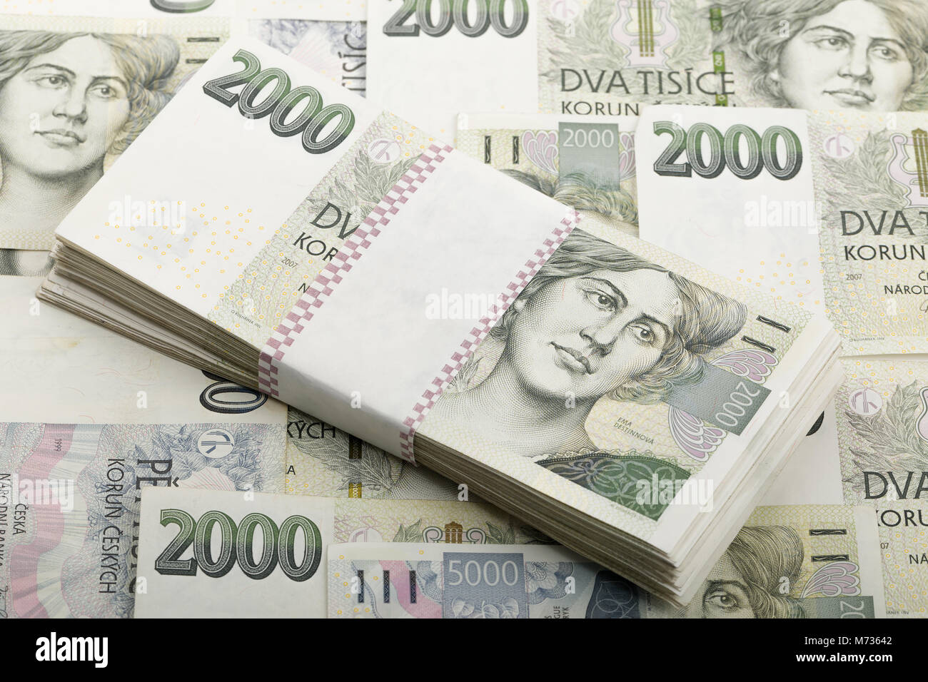 czech banknotes nominal value two and five thousand crowns. approximately 12 450 US dollars (USD) or 11 100 Euro (EUR) Stock Photo