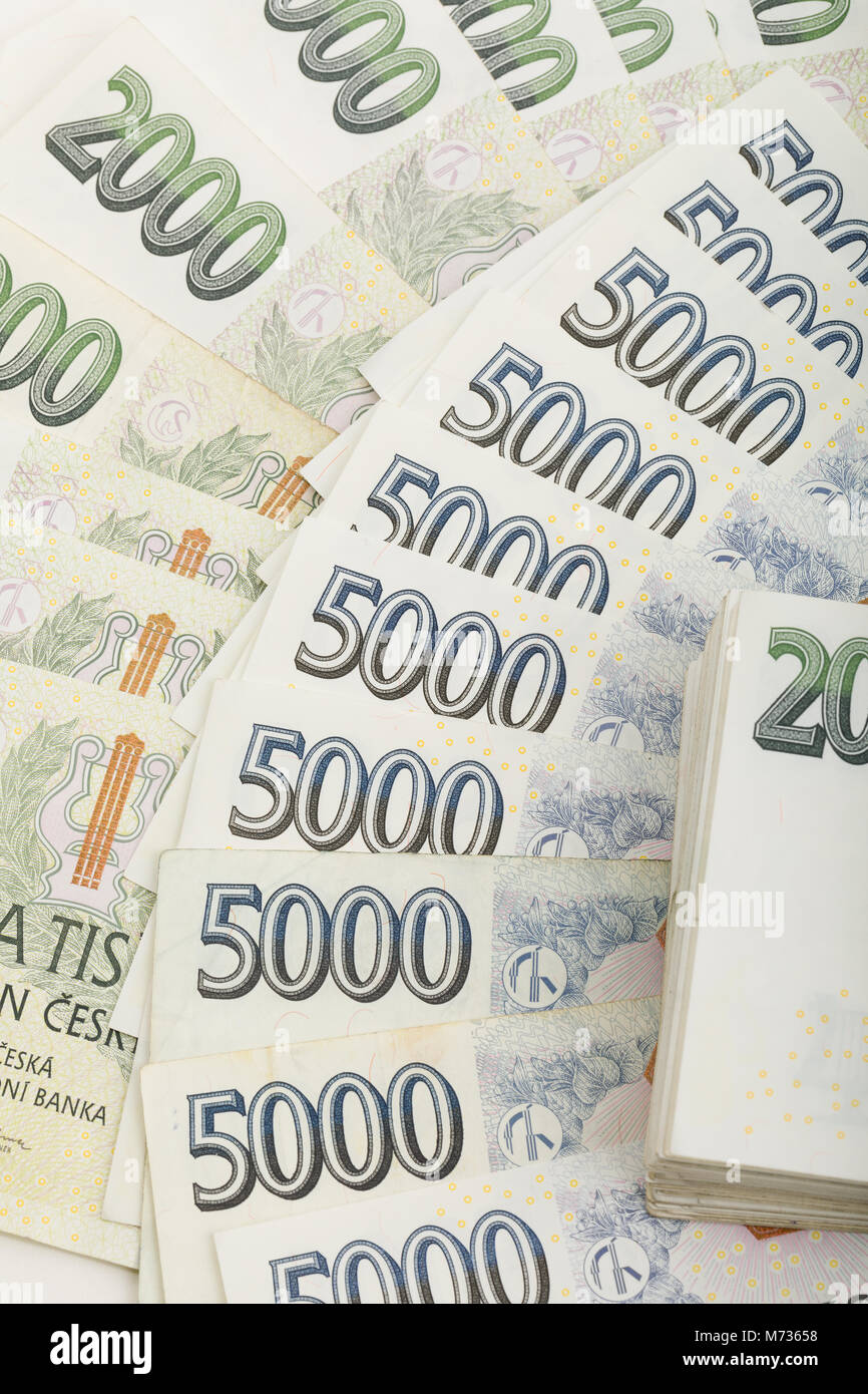fan from czech banknotes nominal value two and five thousand crowns, money business banking concept Stock Photo