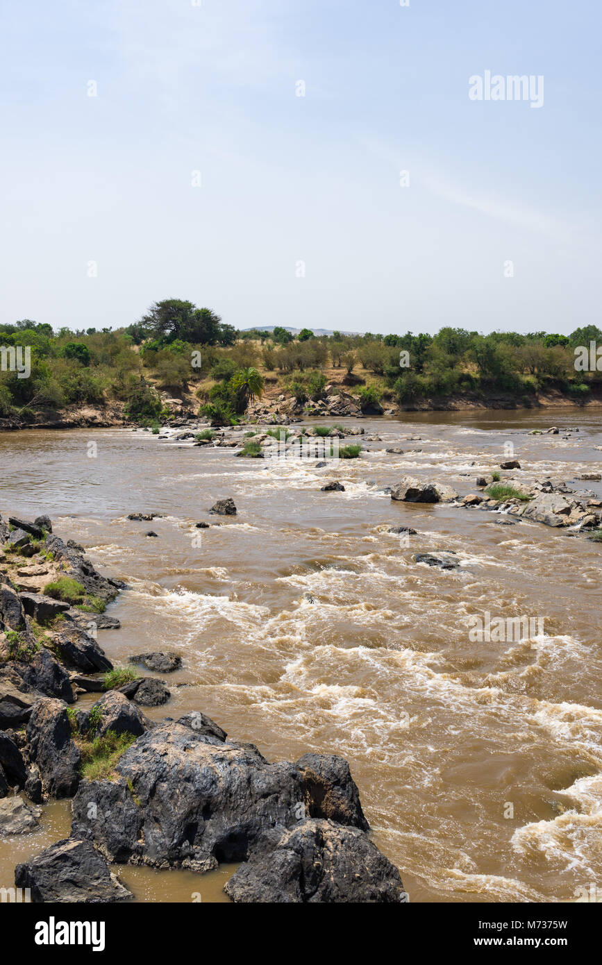 The Mara river flowing in the Maasai Mara National Reserve, rocks and vegetation line the shores on a sunny day, Kenya Stock Photo