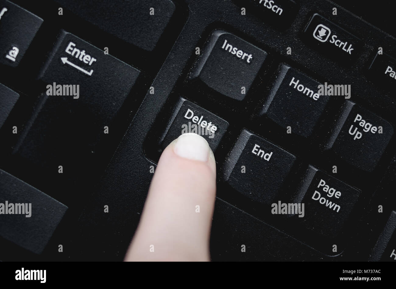 Finger over the delete key from a dusty black keyboard. Stock Photo