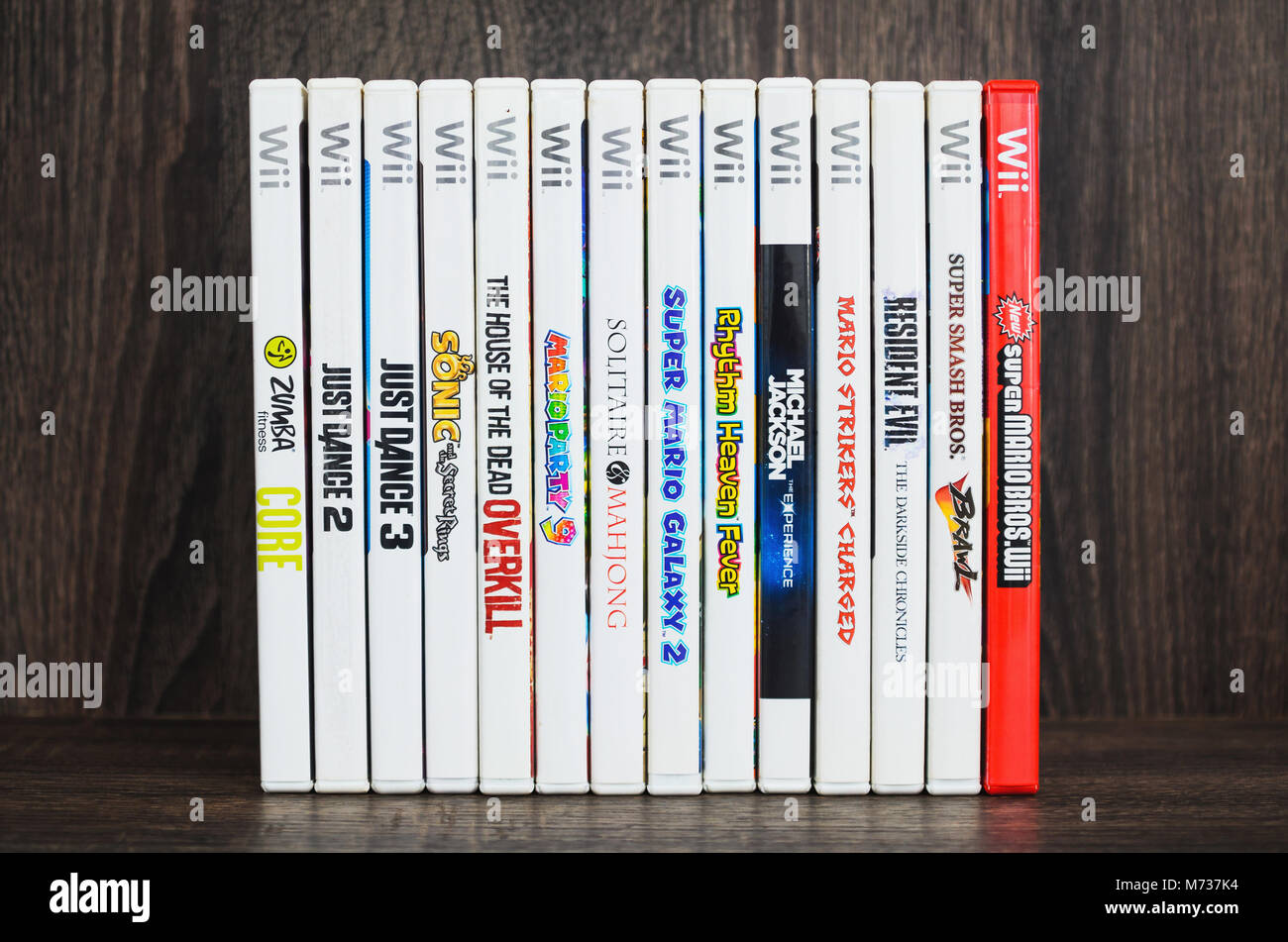 Brazil - March 02, 2018: Various Wii games for Nintendo Wii. Wii games discs. Stock Photo