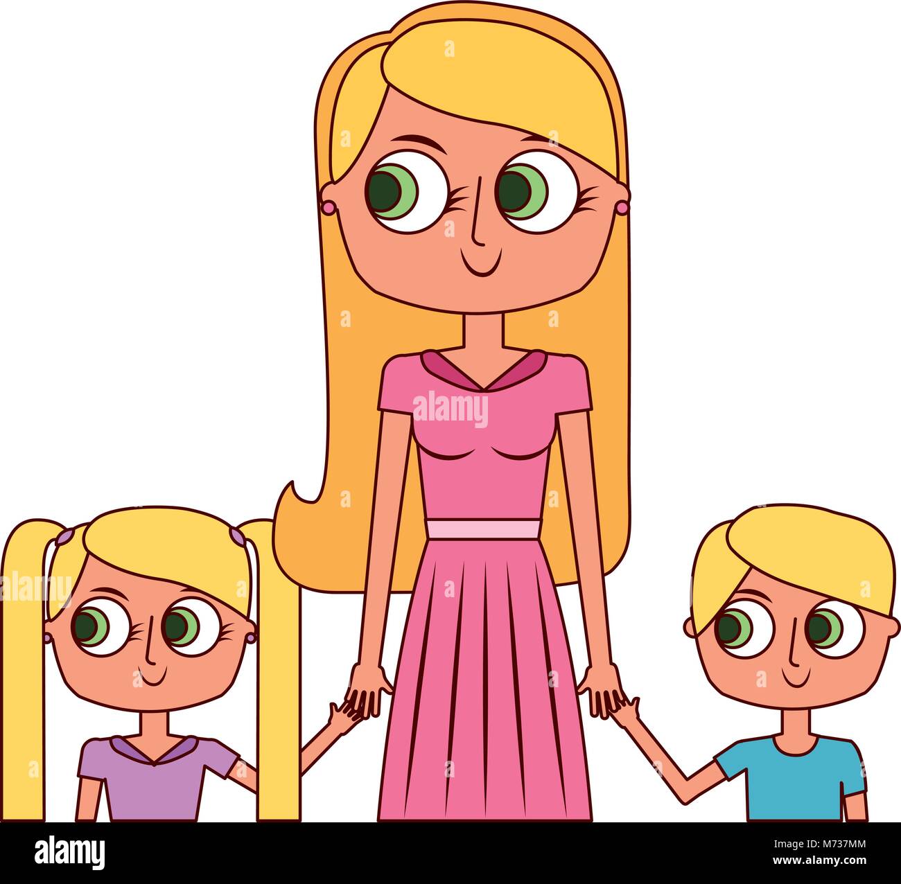 mother and her kids together holding hands portrait Stock Vector