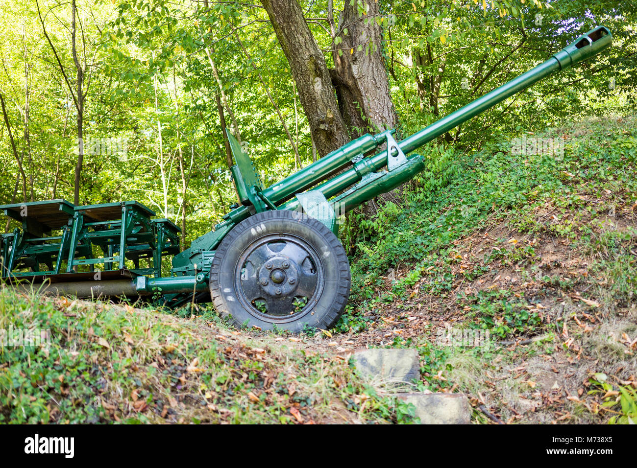 World War Two Anti-Aircraft Gun seen at military park in Orastie, Romania Stock Photo