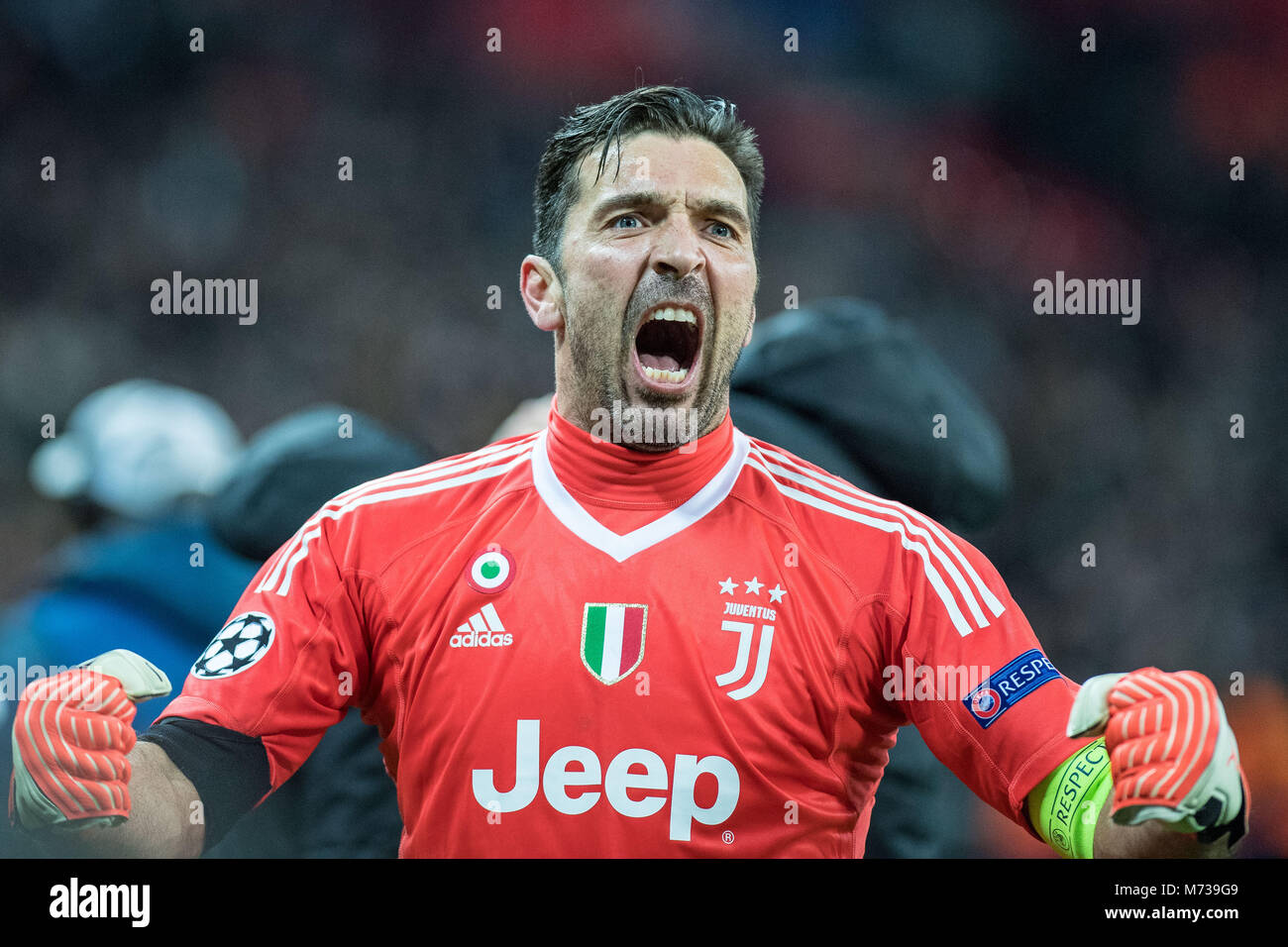 LONDON, ENGLAND - MARCH 07: Gianluigi Buffon (1) of Juventus celebrate after the final whistle during the UEFA Champions League Round of 16 Second Leg match between Tottenham Hotspur and Juventus at Wembley Stadium on March 7, 2018 in London, United Kingdom. (Photo by MB Media/  ) Stock Photo