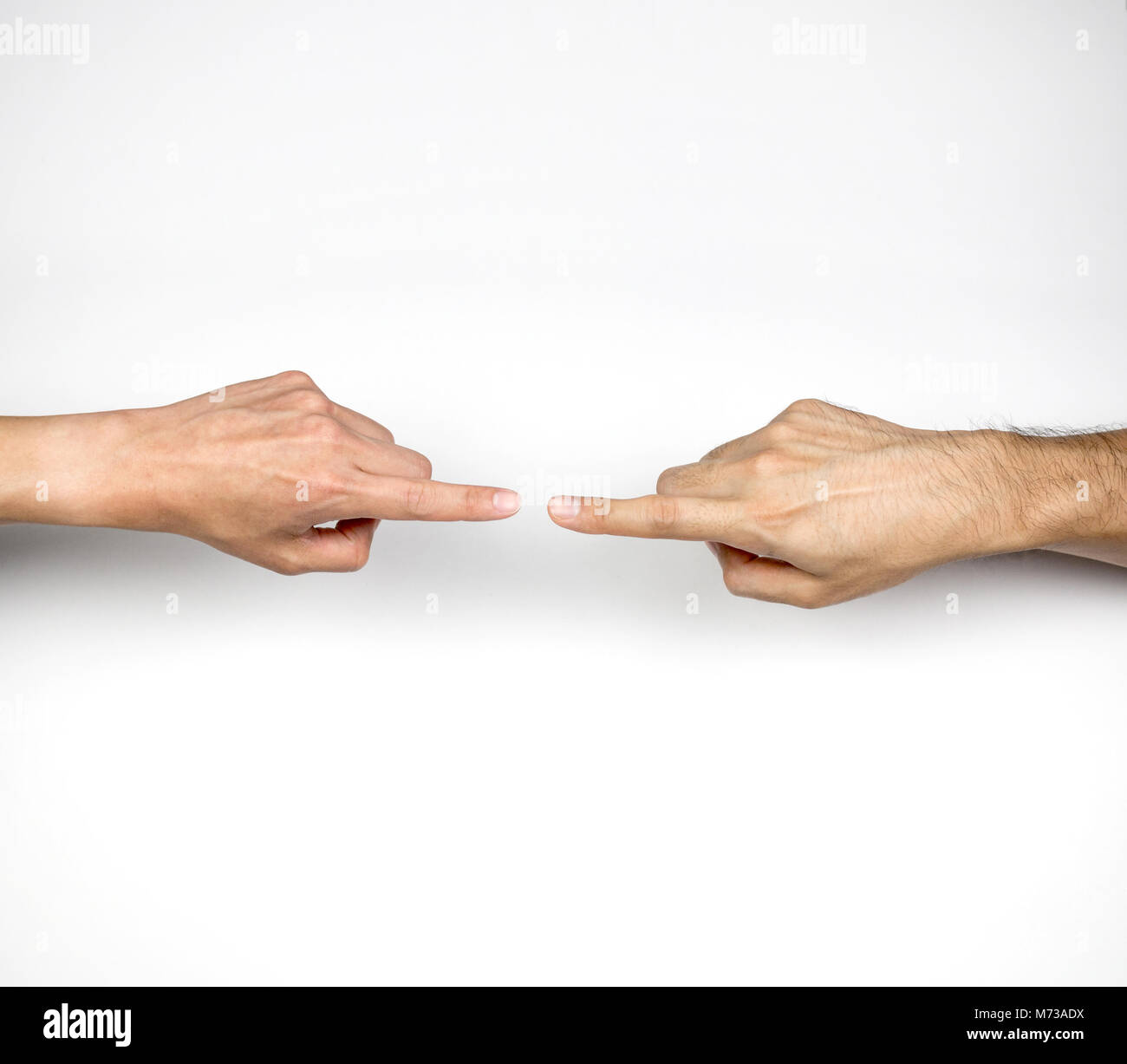 Index fingers pointing each other, communication and clique Stock Photo