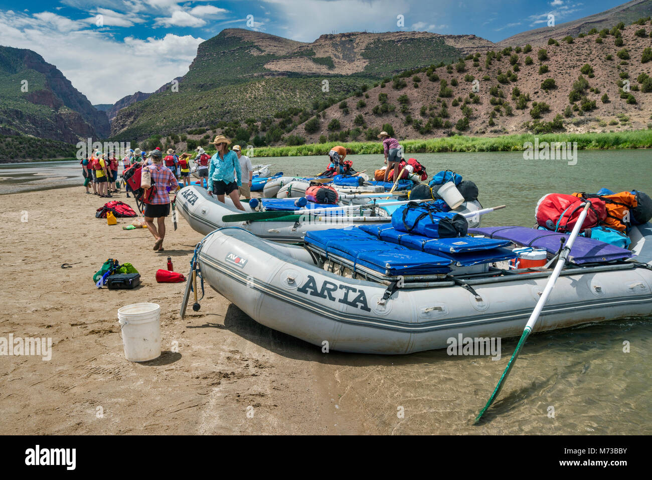 Preparing for rafting trip on Green River down Canyon of Lodore from Gates of Lodore, Dinosaur National Monument, Colorado, USA Stock Photo