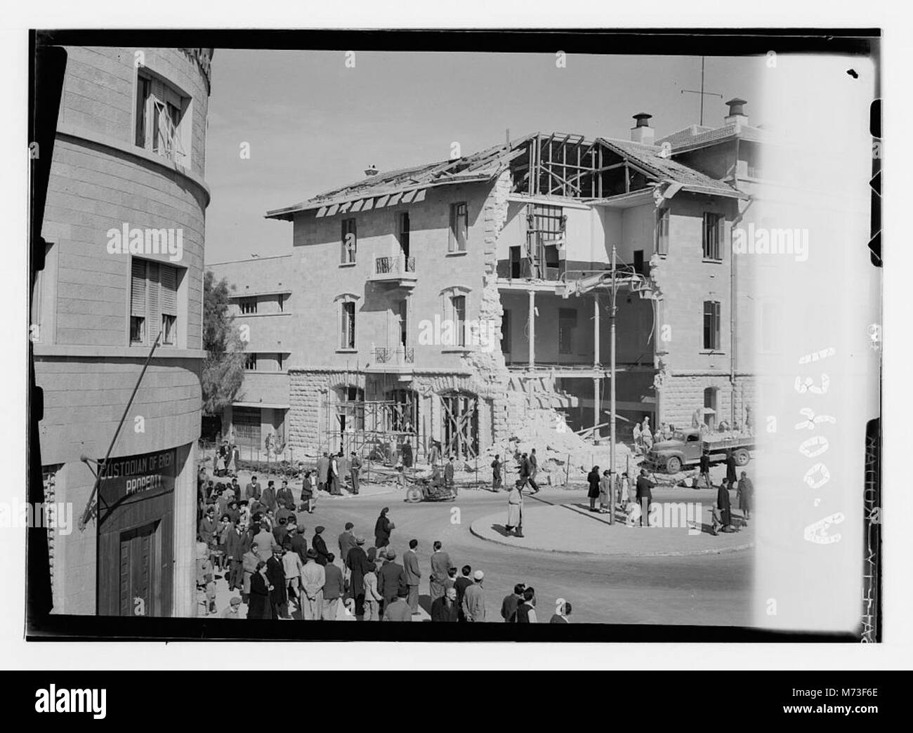 Damage done to police H.Q. (i.e., headquarters) in Jer. (i.e., Jerusalem) by Jewish bomb on Dec. 27, 1945 LOC matpc.12753 Stock Photo