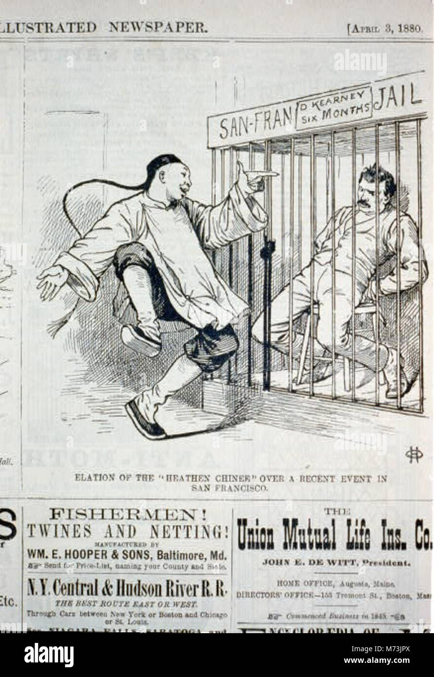 Elation of the 'heathen Chinee' over a recent event in San Francisco (caricature of a Chinese man pointing and laughing at Denis Kearney in San Francisco jail) LCCN2001696528 Stock Photo
