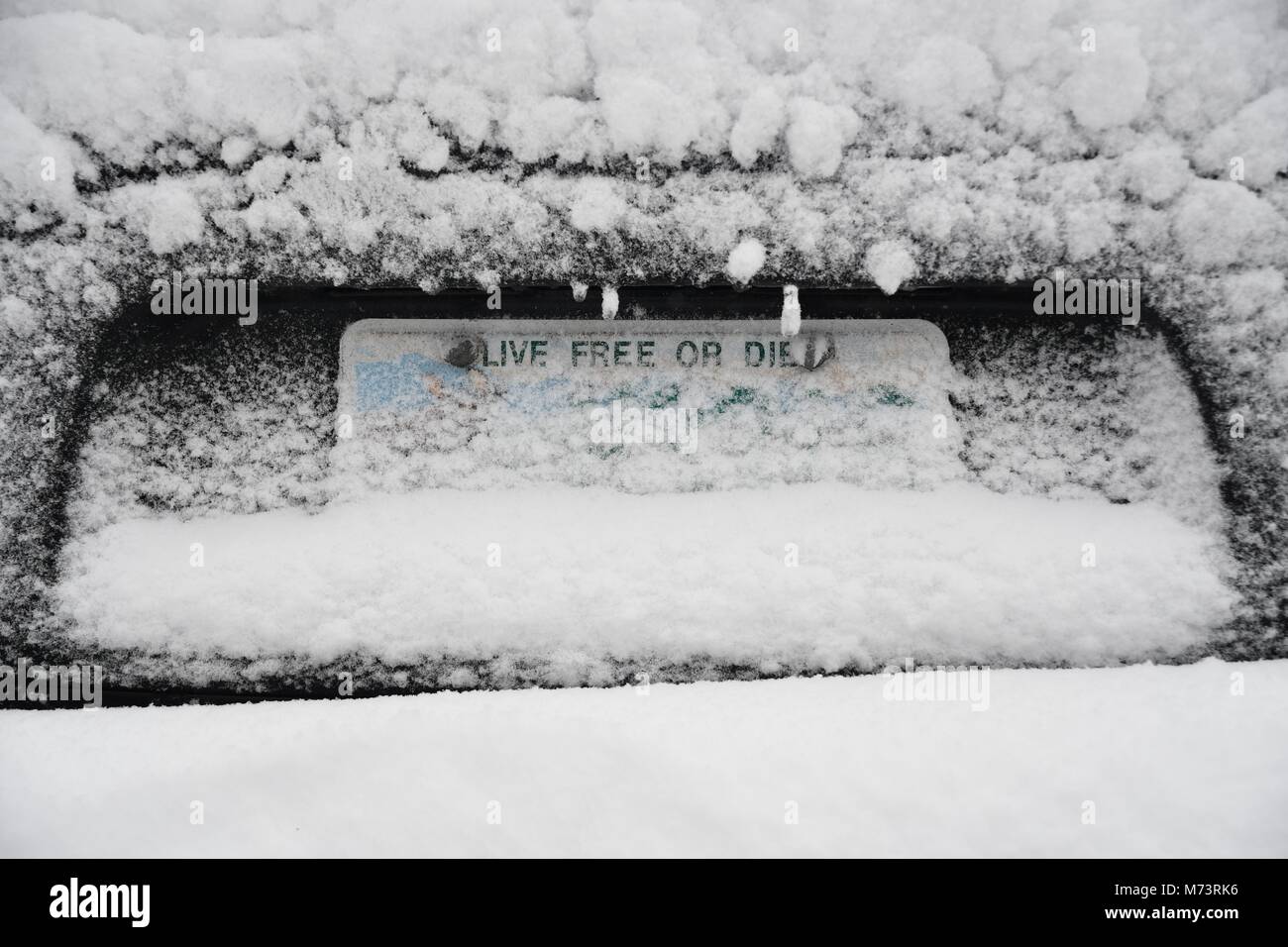 Bedford, N.H., USA, 7 March, 2018. A New Hampshire automobile license plate covered in snow from the recent storm. Credit: Andrew Cline/Alamy Live News Stock Photo