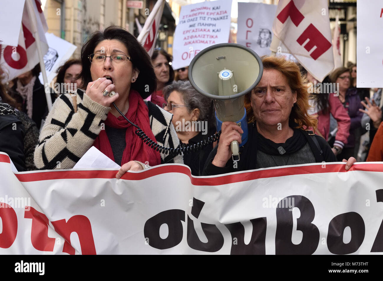 Athens, Greece, 8th March, 2018. Women march chanting slogans to honor the International Women's Day  in Athens, Greece. Credit: Nicolas Koutsokostas/Alamy Live News. Stock Photo