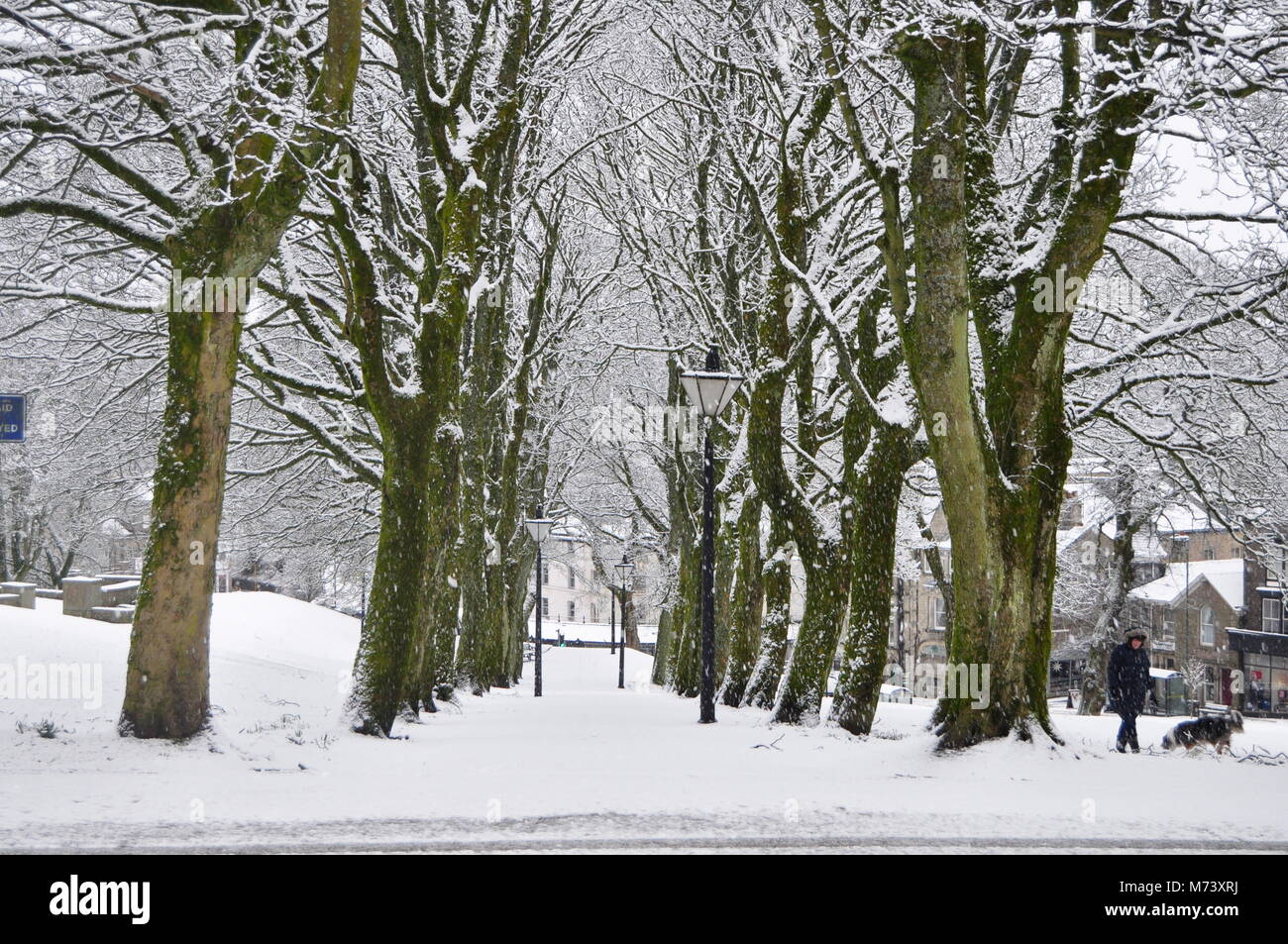 Spring snow on and around The Slopes park, Buxton, Derbyshire England Stock Photo