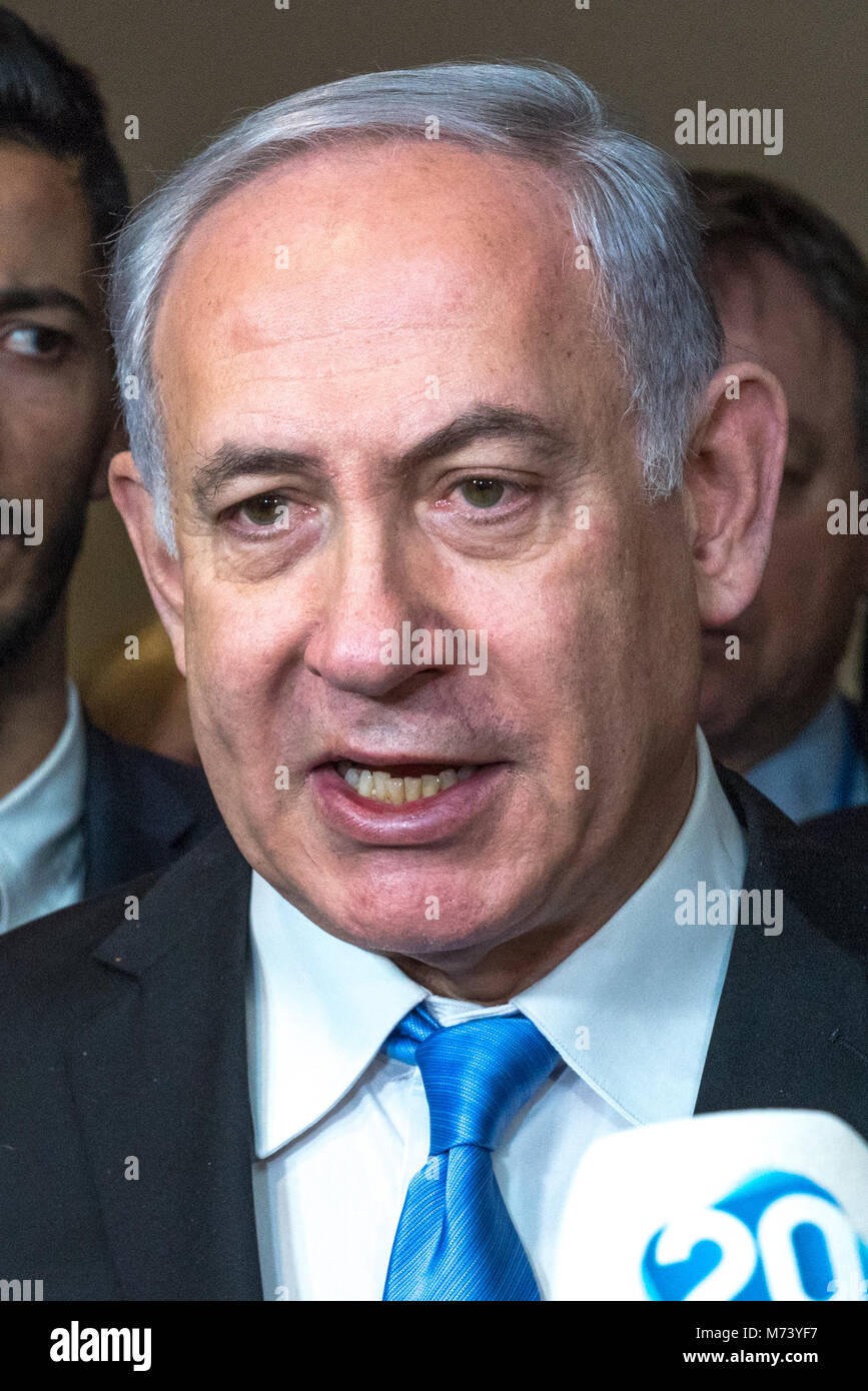 New York, USA. 8th Mar 2018. Israeli Prime Minister Benjamin Netanyahu speaks to reporters during the opening of a special exhibit on Jewish presence in Jerusalem at the United Nations Headquarters in New York City,  Photo by Enrique Shore/Alamy Live News Stock Photo