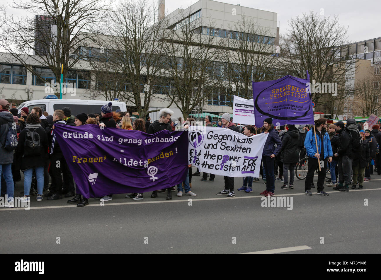 Frankfurt, Germany. 8th March 2018. Protester march with banners and