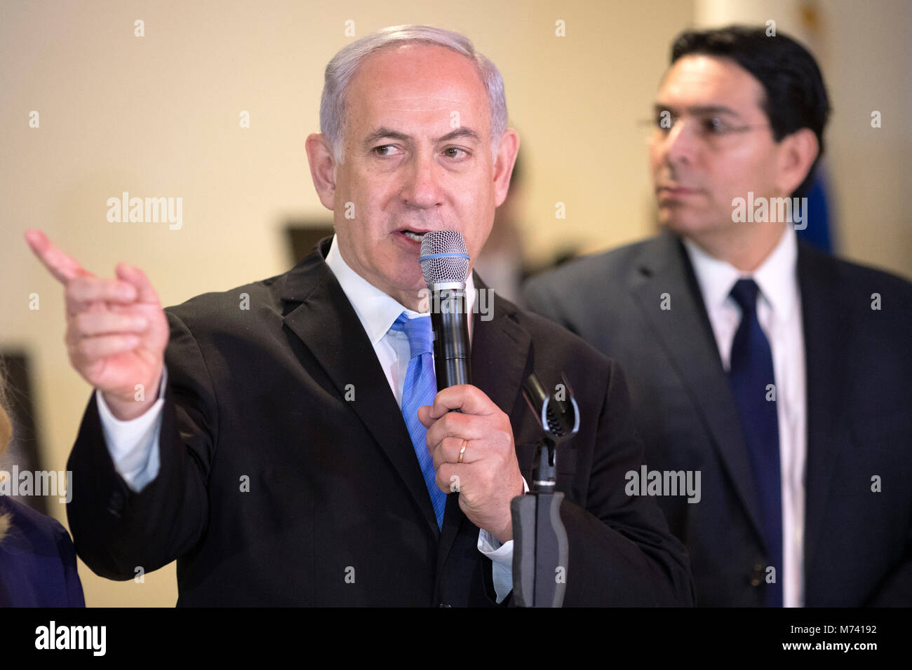 (180308) -- UNITED NATIONS, March 8, 2018 (Xinhua) -- Israeli Prime Minister Benjamin Netanyahu (L) speaks to the press during the exhibition '3000 years of history: Jews in Jerusalem' at the United Nations headquarters in New York, March 8, 2018. (Xinhua/Li Muzi) Stock Photo