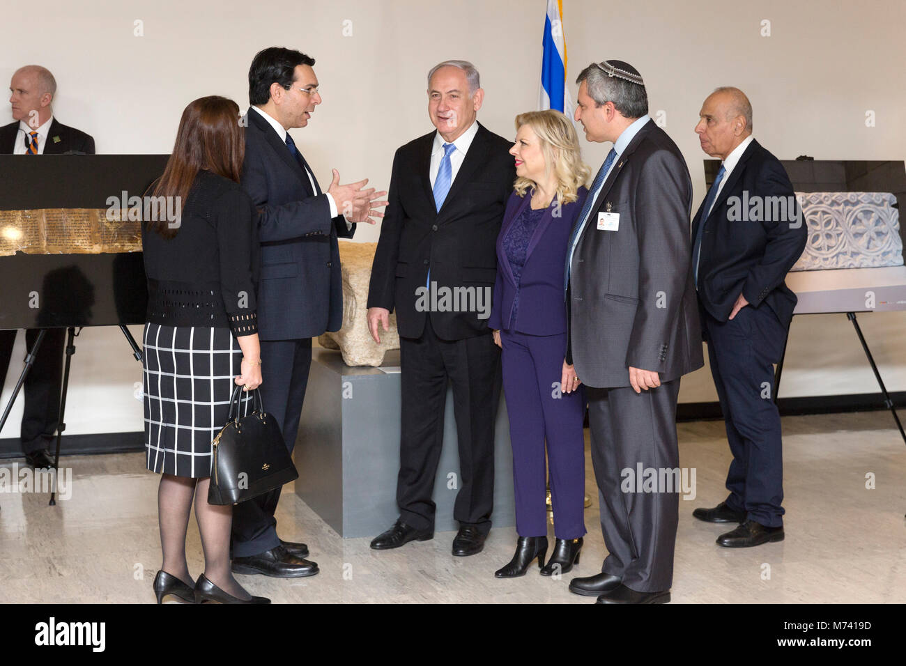 (180308) -- UNITED NATIONS, March 8, 2018 (Xinhua) -- Israeli Prime Minister Benjamin Netanyahu (4th, R) attends the exhibition '3000 years of history: Jews in Jerusalem' at the United Nations headquarters in New York, March 8, 2018. (Xinhua/Li Muzi) Stock Photo