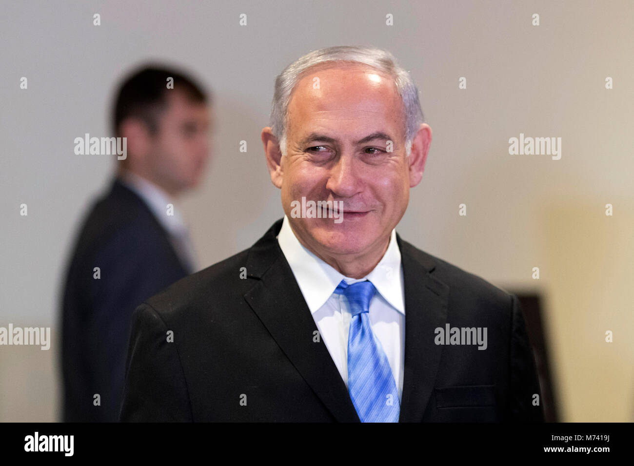 (180308) -- UNITED NATIONS, March 8, 2018 (Xinhua) -- Israeli Prime Minister Benjamin Netanyahu (R) attends the exhibition '3000 years of history: Jews in Jerusalem' at the United Nations headquarters in New York, March 8, 2018. (Xinhua/Li Muzi) Stock Photo