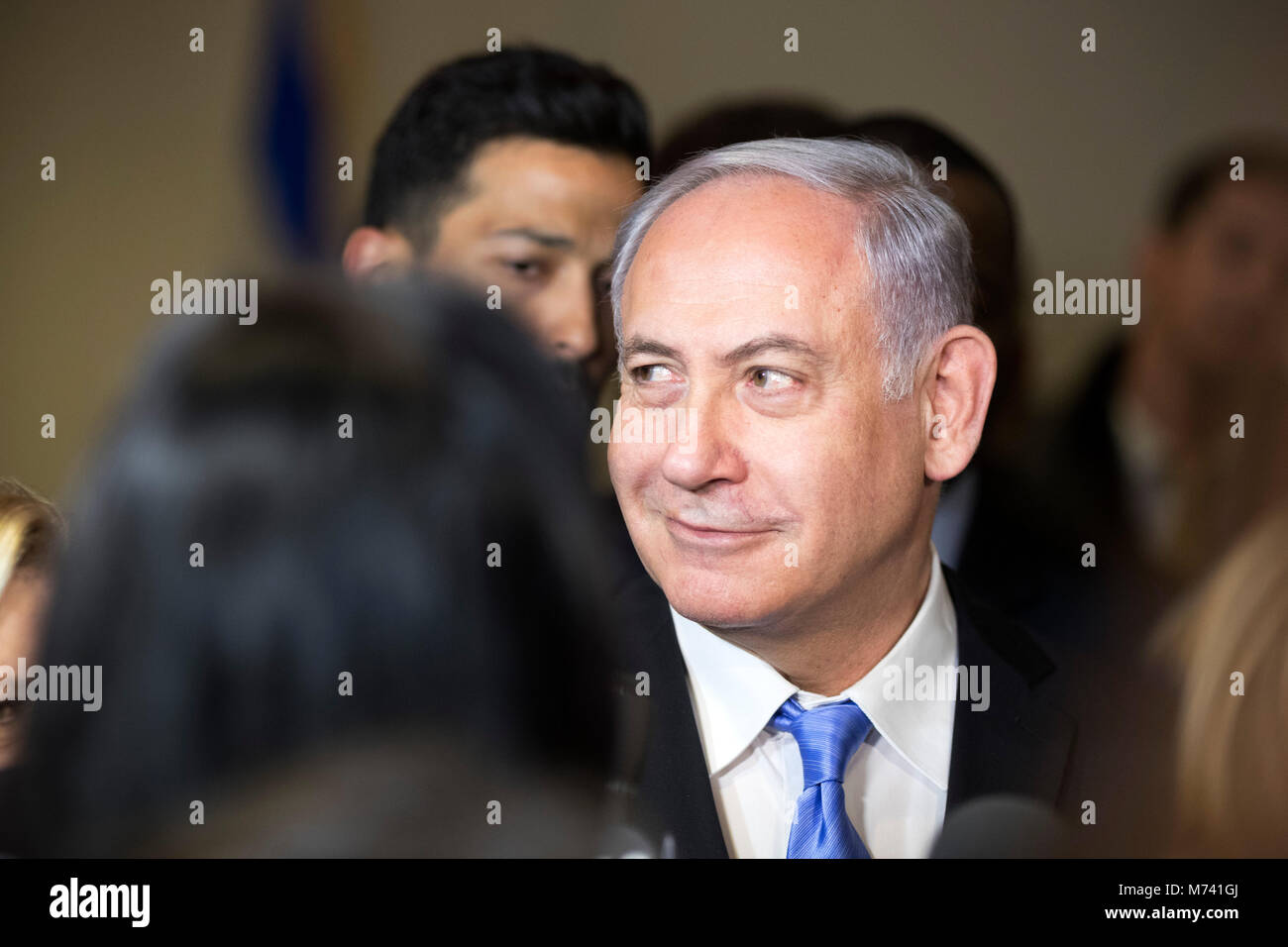 (180308) -- UNITED NATIONS, March 8, 2018 (Xinhua) -- Israeli Prime Minister Benjamin Netanyahu attends the exhibition '3000 years of history: Jews in Jerusalem' at the United Nations headquarters in New York, March 8, 2018. (Xinhua/Li Muzi) Stock Photo