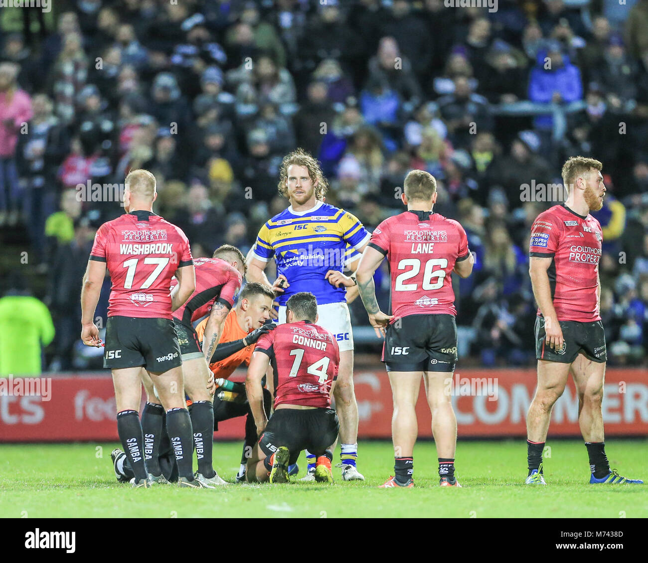 8th March 2018 , Headingley Stadium, Leeds, England; Betfred Super League, round 5, Leeds Rhinos versus Hull FC; Jake Connor of Hull FC receives treatment for a cut eye Stock Photo