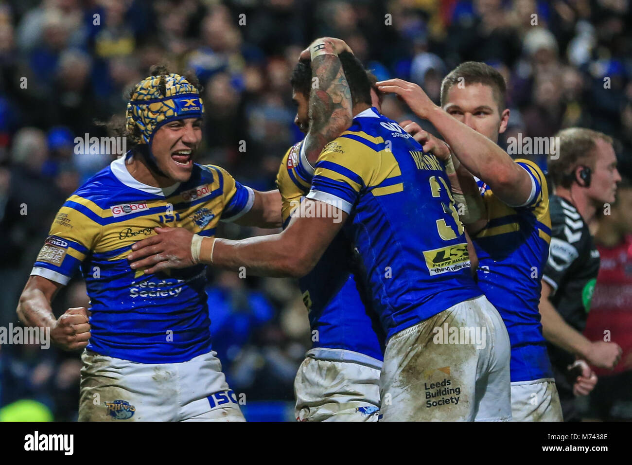 8th March 2018 , Headingley Stadium, Leeds, England; Betfred Super League, round 5, Leeds Rhinos versus Hull FC; Kallum Watkins of Leeds Rhinos celebrates with team mates after going over for a try Stock Photo